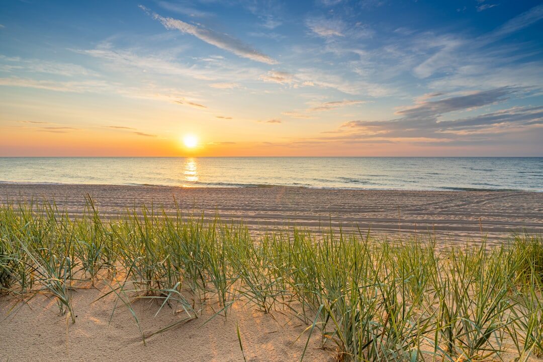 Long empty sandy beach with gentle waves and dune grass at sunrise